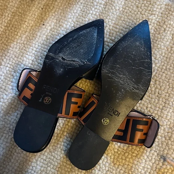 Black Mules with Brown Logo Strap - Picture 2 of 2